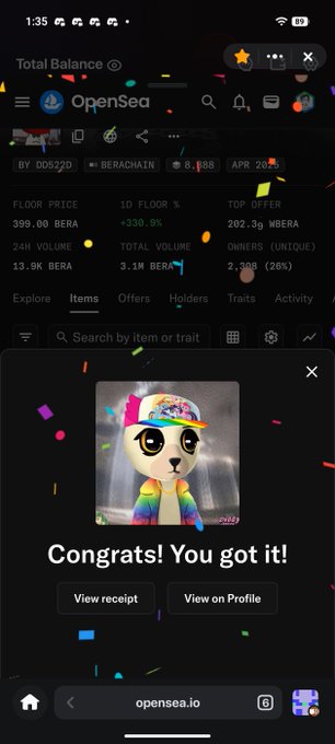 A mobile screenshot of OpenSea showing a purchase confirmation with confetti effects, displaying 'Congrats! You got it!' over a cartoonish character NFT.
