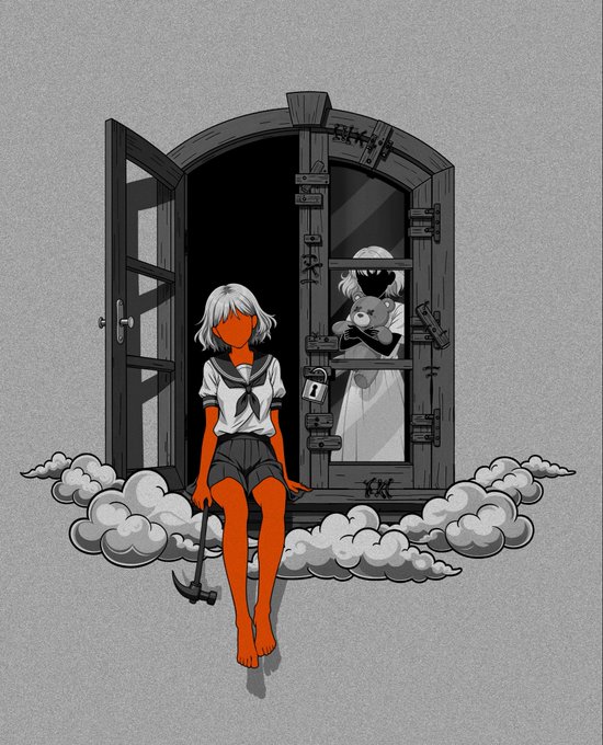 An illustration shows a white-haired figure with orange skin sitting on a cloud in front of a window, holding a hammer, with another figure holding a teddy bear visible behind glass.