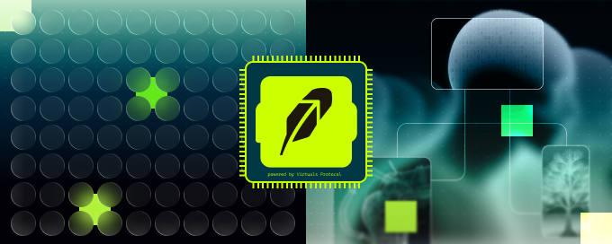 A stylized digital banner features a central neon-green circuit board icon with a feather pen symbol and the text "powered by Virtuals Protocol," set against a dark grid background with glowing squares and a tree silhouette. The graphic visually represents the Virtuals ecosystem theme highlighted in the accompanying announcement of major $WIZZ token burns and revenue-funded buybacks.