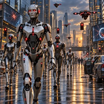 A fleet of sleek humanoid robots with glowing red eyes marches through a rain-slicked futuristic cityscape, accompanied by flying drones overhead. The image evokes the looming threat of advanced AI systems, visually underscoring the post's concerns about Anthropic and OpenAI executives preparing for the fallout of a catastrophic AI event like a cyberattack disrupting financial services.