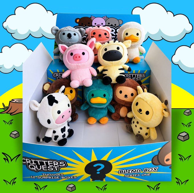 A box of 'Critters Quest Blind Box Series One' containing 12 surprise boxes, displayed with several plush animal toys including a pig, cow, duck, monkey, and giraffe against a cartoon landscape background.