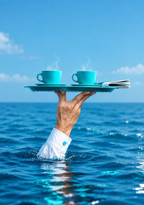 Surreal image of a hand emerging from ocean water, wearing a white shirt cuff, balancing a tray with two steaming blue espresso cups and a newspaper against a bright blue sky.
