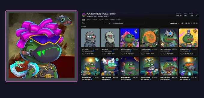 A digital collectible showcase featuring a large NFT image of a green character with pink hair and futuristic goggles on the left, alongside an OpenSea profile page displaying a grid of "PVP-EXPLORERS-SPECIAL-FORCES" NFT collectibles.