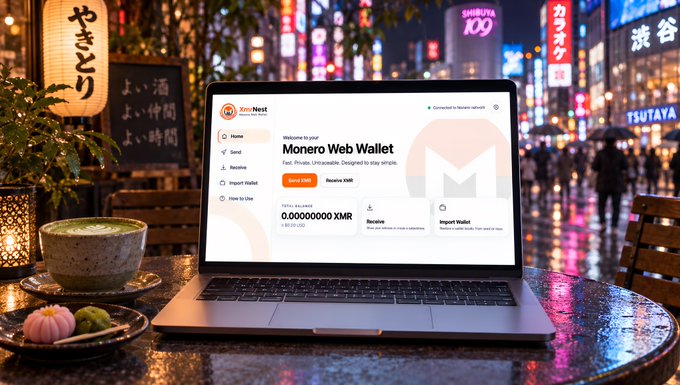 A laptop on a café table displaying the Monero Web Wallet interface showing a balance of '0.00000000 XMR', set against a nighttime street scene in Japan with illuminated signs and a matcha drink on the table.