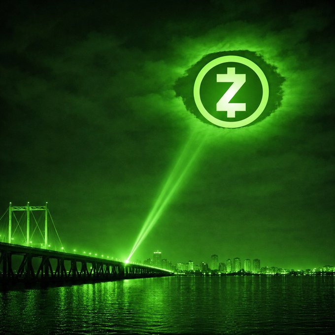 A green-tinted nightscape shows a city skyline and illuminated bridge along a waterfront, with a bright searchlight beam projecting a glowing Zcash (Z) logo into the cloudy sky—evoking a "bat-signal" style rally call for $ZEC to hit the $1,000 price target by end of 2026.