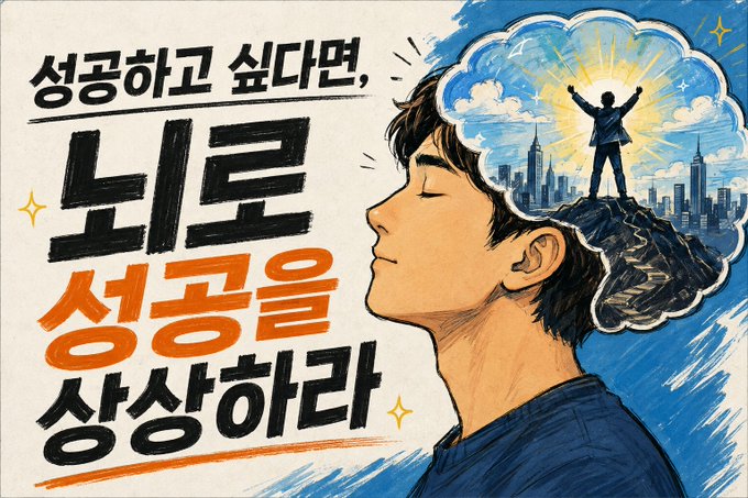 A Korean-language motivational illustration showing a young man with his eyes closed, with a thought bubble depicting him standing triumphantly atop a mountain overlooking a city skyline; the text reads '성공하고 싶다면, 뇌로 성공을 상상하라' (If you want to succeed, imagine success with your brain).