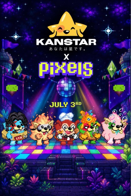 An identical duplicate of the previous image, showing the 'KANSTAR x Pixels' July 3rd pixel art promotional poster with cartoon animal characters dancing.