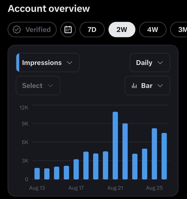 An 'Account overview' analytics dashboard showing daily Impressions in a bar chart over a 2-week period from August 13 to August 25.