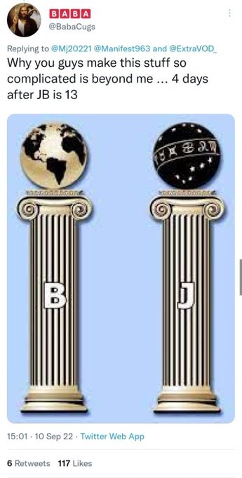 A Twitter post by @BabaCugs from September 10, 2022, criticizes others for overcomplicating things, referencing "JB is 13" alongside an image of two classical pillars topped with globes—one Earth and one black with "HRCIM"—labeled "B" and "J." The caption connects this to numerology tying JB's 13th birthday to the Clarity Act vote and XRP timing.