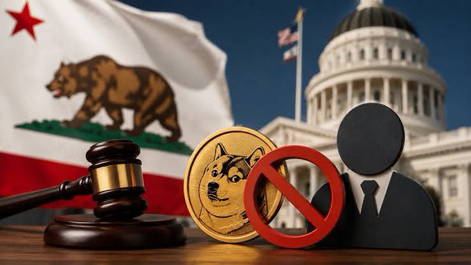 A composite image showing a gavel, Dogecoin, a 'no' symbol over a person icon, the California state flag with a bear, and the US Capitol building, suggesting regulatory action against Dogecoin or crypto.