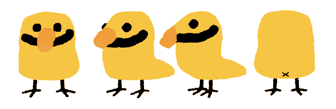Four crudely drawn yellow duck/chick figures are arranged in a row, each with black stick legs and an orange beak, with the rightmost figure shown from behind featuring an 'x' mark.