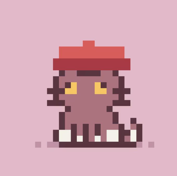 A pixel art illustration of a dark purple/pink cat with yellow eyes, wearing a red hat, sitting against a light pink background.