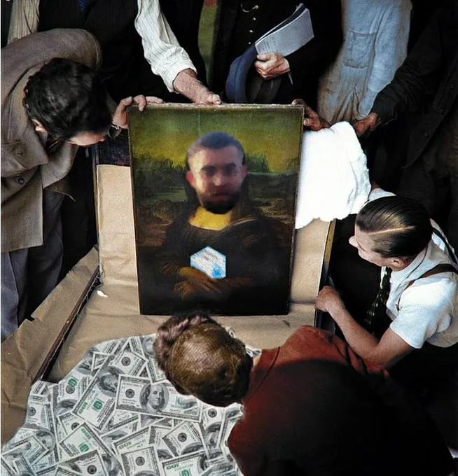 Several people carefully inspect a framed portrait of a bearded man as dollar bills cover the surface below, evoking a satirical scene involving wealth or an artwork auction.