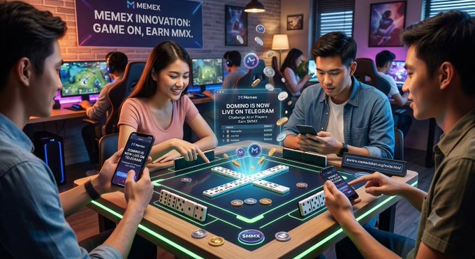A promotional image for Memex (MMX) showing people gaming around a dominos table with neon accents, featuring the tagline 'GAME ON, EARN MMX.'