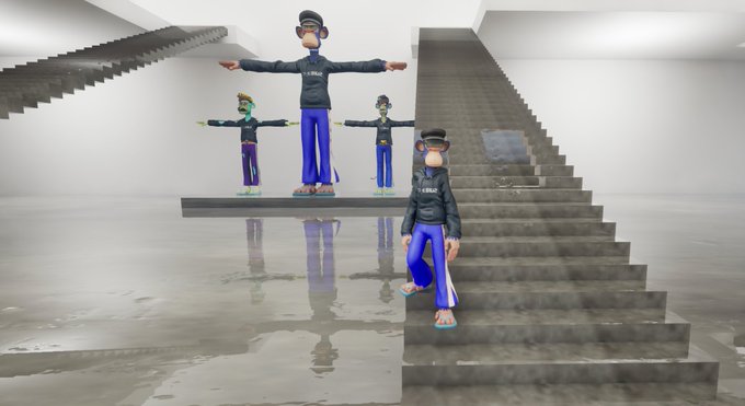 A 3D rendered scene shows four cartoonish monkey-like characters wearing blue pants, hats, and hoodies, positioned on a concrete platform with stairs against a white background.