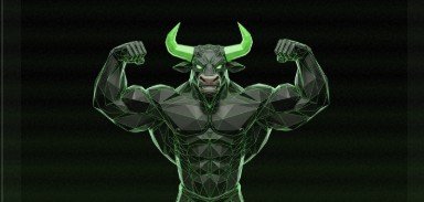 An illustration of a muscular, gray-skinned character with glowing green horns and green energy accents, flexing both arms against a dark background.