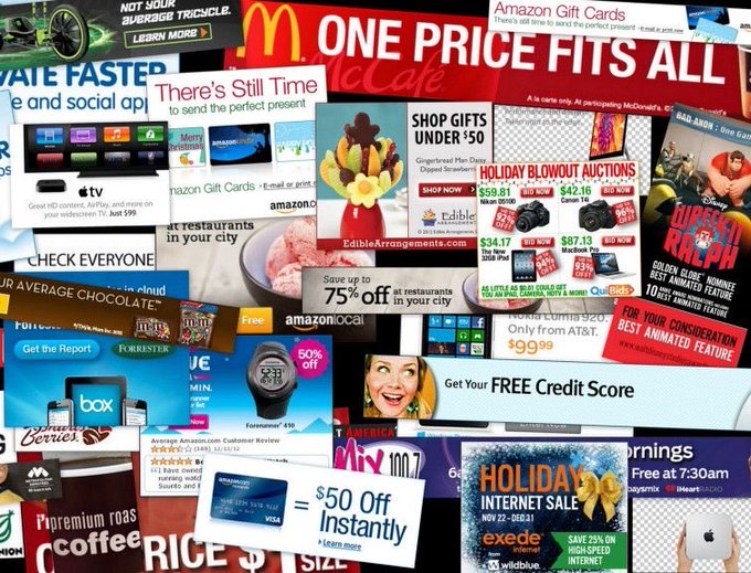 The image shows a cluttered screen displaying numerous overlapping digital advertisements and promotional banners from various brands, including McDonald's ("ONE PRICE FITS ALL"), Amazon Gift Cards, Edible Arrangements, AT&T, Wreck-It Ralph, and Chase Slate ("$50 Off Instantly"), along with offers for discounts, gift cards, and holiday sales.

This relates to the stream by likely reflecting the chaotic, ad-heavy digital environment the streamer is discussing, possibly highlighting how online content is overwhelmed by constant promotional clutter rather than genuine engagement.
