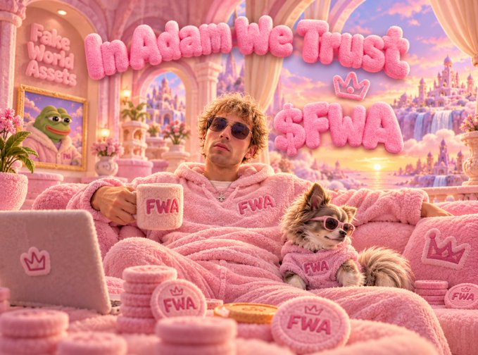 A surreal pink-themed digital artwork featuring a man in sunglasses and a fluffy pink robe holding a 'FWA' mug, with a small dog in a matching sweater beside him. Text reads 'In Adam We Trust', '$FWA', and 'Fake World Assets' alongside crown motifs and a distant fantasy castle.