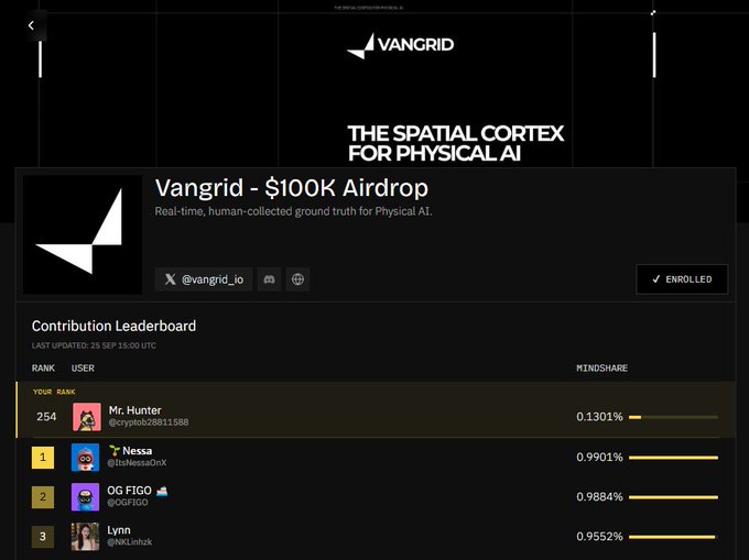 A Vangrid dashboard showing 'The Spatial Cortex for Physical AI' airdrop with a $100K Airdrop listing; the user 'Mr. Hunter' is ranked 254 with 0.1301% mindshare, while top contributors include Nessa (0.9901%), OG FIGO (0.9884%), and Lynn (0.9552%).