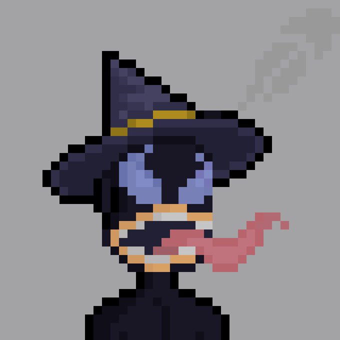 A pixel art image of a wizard-like figure wearing a large dark blue and purple hat with gold trim, with a pink tail visible behind it.