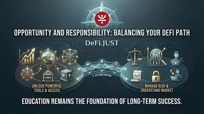 A DeFi.JUST promotional graphic titled "OPPORTUNITY AND RESPONSIBILITY: BALANCING YOUR DEFI PATH" shows two pillars: "UNLOCK POWERFUL TOOLS & ACCESS" and "MANAGE RISK & UNDERSTAND MARKET," with the tagline "EDUCATION REMAINS THE FOUNDATION OF LONG-TERM SUCCESS."