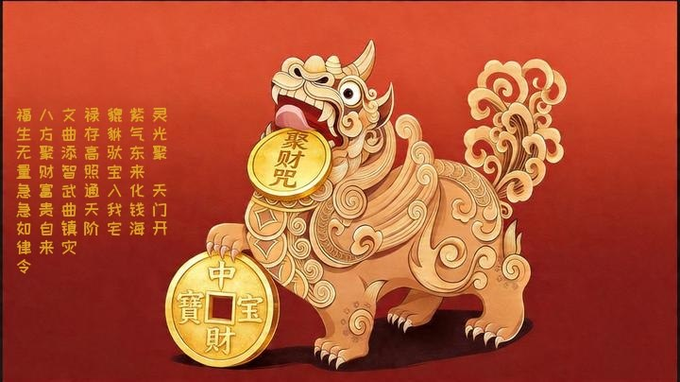 A stylized golden Chinese pixiu (mythical wealth creature) holding gold ingots and a large gold coin with Chinese characters, set against a deep red background with additional Chinese calligraphy on the left side.