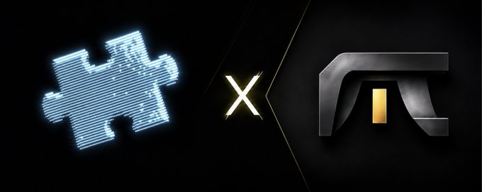 A promotional graphic featuring a glowing blue puzzle piece logo on the left, a gold 'X' in the center, and a metallic gold and black logo on the right against a black background.
