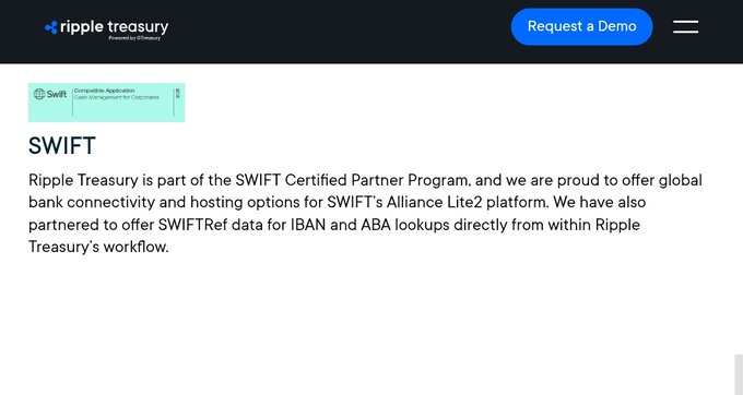 The image shows a webpage from Ripple Treasury highlighting its SWIFT partnership, with text explaining that "Ripple Treasury is part of the SWIFT Certified Partner Program" and offers "global bank connectivity and hosting options for SWIFT's Alliance Lite2 platform," along with "SWIFTRef data for IBAN and ABA lookups." This supports the post's claim that Ripple's connection to 13,000 banks primarily stems from its integration with SWIFT's Alliance Lite2 platform, rather than from its own blockchain technology.