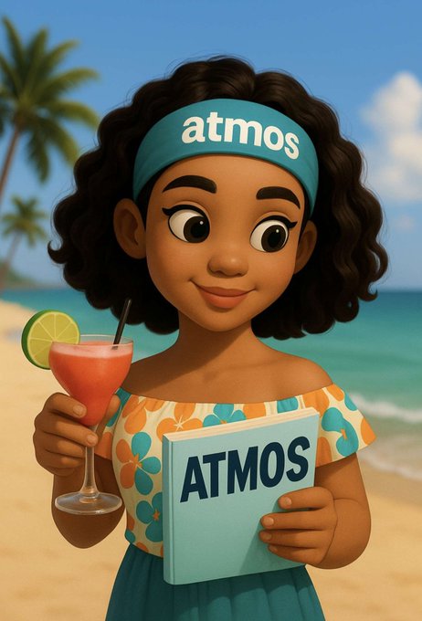 A stylized animated illustration shows a smiling young woman with curly hair at a tropical beach, wearing a teal "atmos" headband and holding a pink cocktail garnished with lime in one hand and a book labeled "ATMOS" in the other. The image ties to the post's mention of Atmos as a DEX aggregator on the Supra chain, presenting the brand in a friendly, approachable visual identity.