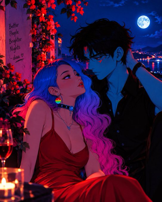 An anime-style illustration of a romantic couple under moonlight, with the woman having blue and pink gradient hair and wearing a red dress, and text reading 'Better People Brighter Nights — diana ♡' on the wall.