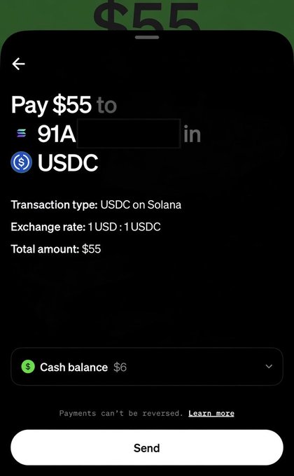 The image shows a cell phone screen displaying a payment app called CashApp. The app allows users to send and receive stablecoins, which are digital tokens that maintain their value over time. The text on the screen indicates that the user can send $55 to someone in Solana, USDC is the cryptocurrency used for this transaction, and there's an option to exchange the USDC into another cryptocurrency or fiat currency.