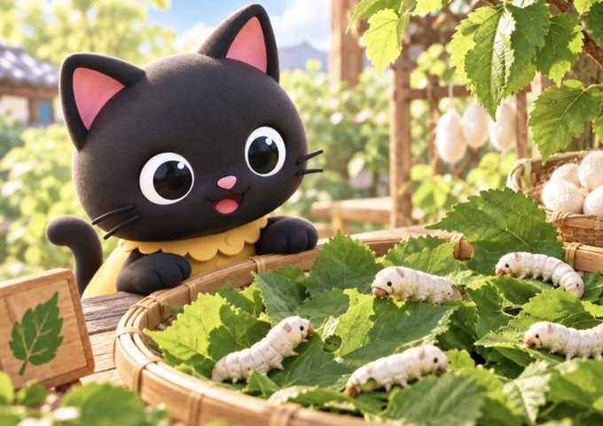 An AI-generated image of a cute black cat character sitting in a basket filled with green leaves and white silkworms, set in a garden.