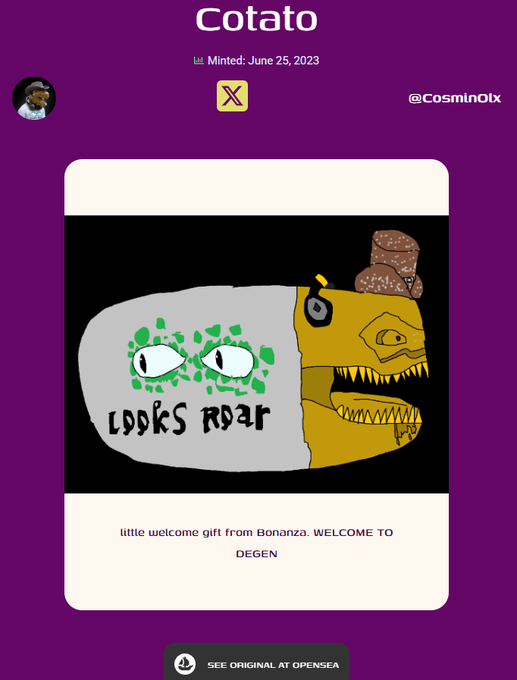 A profile or NFT display for a collection named 'Cotato' minted June 25, 2023, showing artwork with the text 'LOOKS RARE' and 'little welcome gift from Bonanza. WELCOME TO DEGEN'.