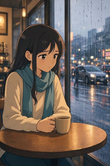 An anime-style illustration of a girl with long dark hair wearing a blue scarf and beige sweater, sitting at a cafe table holding a mug while looking out a rain-streaked window at city traffic.