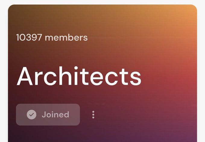 A community header for 'Architects' with 10,397 members, showing a 'Joined' button on a gradient orange-to-purple background.