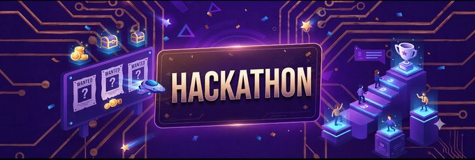 A digital banner reading "HACKATHON" set against a purple circuit board background, featuring wanted posters, treasure chests, coins, a UFO, a trophy on stairs, and small figures climbing blocks—visually representing the rewards and competitive challenge highlighted in the $56,000 Buildathon + Hackathon opportunity.