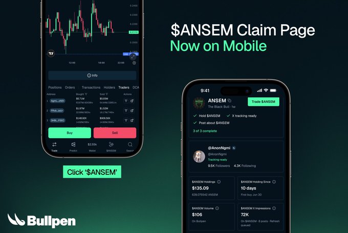 The image is a promotional graphic from Bullpen showcasing a mobile update for the $ANSEM Claim Page, featuring two phone screenshots displaying a trading interface with candlestick charts and a "$Trade $ANSEM" button, highlighting that 3 out of 3 task steps are complete and the claim page is now accessible via the "$ANSEM" button on the bottom navigation bar.