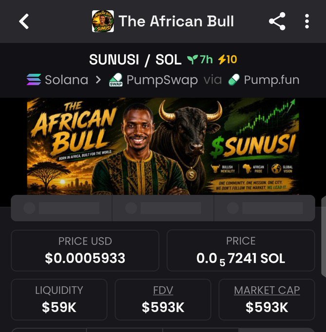 A mobile screenshot of a cryptocurrency tracker app showing 'The African Bull' token (SUNUSI/SOL), listed on Solana via PumpSwap via Pump.fun, with a price of $0.0005933, liquidity of $59K, and an FDV/market cap of $593K.