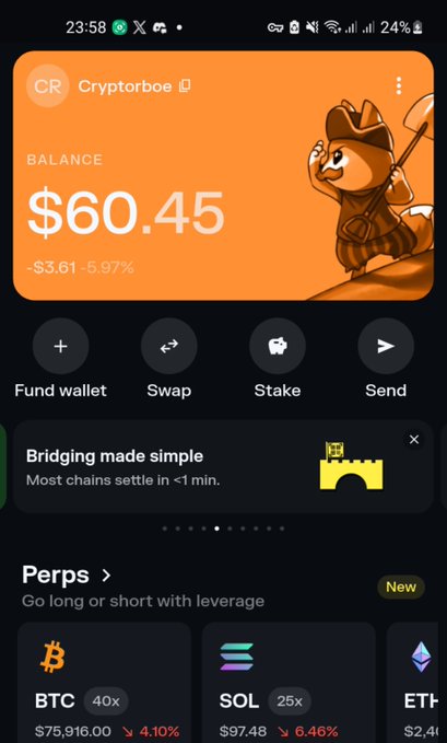 A screenshot of a Cryptorboe crypto wallet app showing a balance of $60.45, with options to fund, swap, stake, and send, along with perps market data for BTC and SOL.