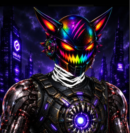 A cyberpunk-style illustration of a robotic figure with a menacing helmet featuring glowing red eyes and sharp teeth, set against a neon-lit futuristic cityscape with a 'UNI-FY' logo.