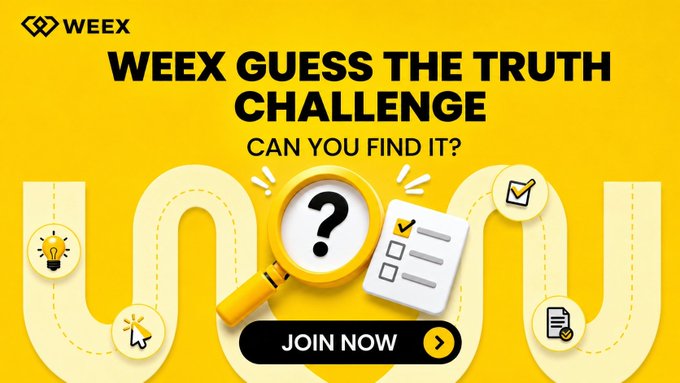 A WEEX exchange promotional banner for a 'WEEX GUESS THE TRUTH CHALLENGE' featuring a magnifying glass with question mark, checklist icons, and a 'JOIN NOW' button on a yellow background.