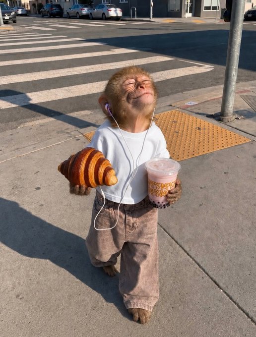 A small monkey dressed in a white t-shirt and beige pants walks on a city sidewalk holding a croissant and a boba drink, wearing earphones and enjoying the sunshine.
