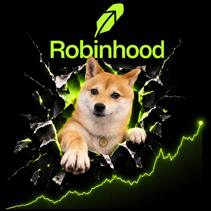 A Shiba Inu labeled “$MONEYDOG” bursts through the Robinhood logo as a rising market chart climbs behind it. The post promotes $MONEYDOG at a $1.2M market cap on PONS, comparing it to $CASHCAT at $200M on NOXA.