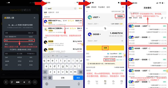 The image displays mobile screenshots showing a cryptocurrency exchange interface, focusing on the "QQQB" token, with highlighted figures indicating user engagement (68,955 today) and transaction logs, implying that activity related to "QQQB" might be misinterpreted as "Black Slave numbers" in the accompanying post.