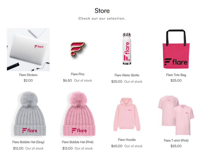 The image shows the Flare merchandise store page featuring products like Flare Stickers ($2.00), Flare Pins ($6.50, out of stock), Flare Water Bottle ($25.00, out of stock), Flare Tote Bag ($25.00), Flare Bobble Hats in Gray and Pink ($12.00 each, out of stock), Flare Hoodie ($65.00, out of stock), and Flare T-shirt in Pink ($25.00)—all branded with the Flare logo, as promoted in the accompanying announcement.
