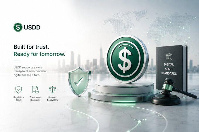 Promotional banner for USDD stablecoin with the tagline 'Built for trust. Ready for tomorrow', highlighting features like Regulatory Ready, Transparent Standards, and Stronger Ecosystem alongside a 3D coin graphic.