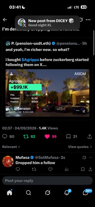 A Twitter/X post by user 'P. (pension-usdt.eth)' showing a screenshot of an AXIOM portfolio displaying '$Agrippa' with a value of '+$99.1K' and an invested position of '$100K' with a '6519.27%' gain.