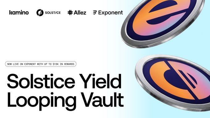 The image features a poster or banner promoting the Solstice Yield Looping Vault, which is now live on ExponentFinance. The text on the poster indicates that the vault is live on USX and eUSX PT positions, meaning it actively manages rollovers and rate exposure across different maturities for users who want to invest in cryptocurrency markets.