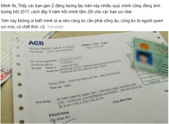 A Vietnamese social media post jokes about being a "9x generation" complaining about salaries, alongside an image of an ACB bank receipt showing an exchange of 13,047.39 USD to 296,175,733 VND from Google Asia Pacific Pte Ltd advertising payment in 2017.