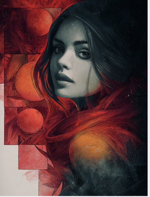 A surreal digital portrait of a woman with dark hair and a red, textured background featuring circular shapes and flowing fabric-like patterns.